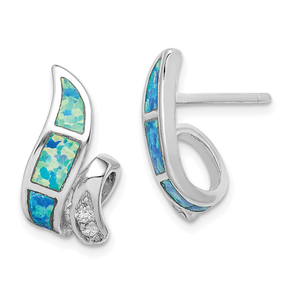 Created Blue Opal and CZ Twisted Post Earrings in Sterling Silver