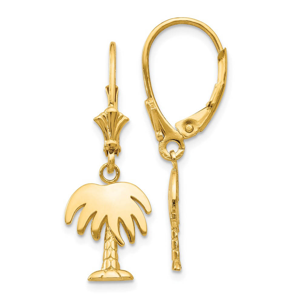 Polished Palm Tree Lever Back Earrings in 14k Yellow Gold