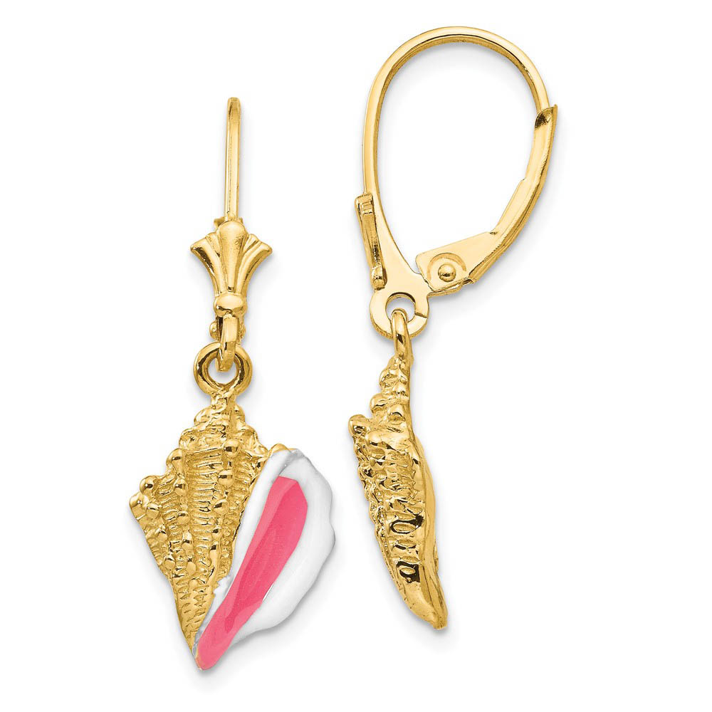 Pink & White Enameled Conch Shell Dangle Earrings in 14k Yellow Gold