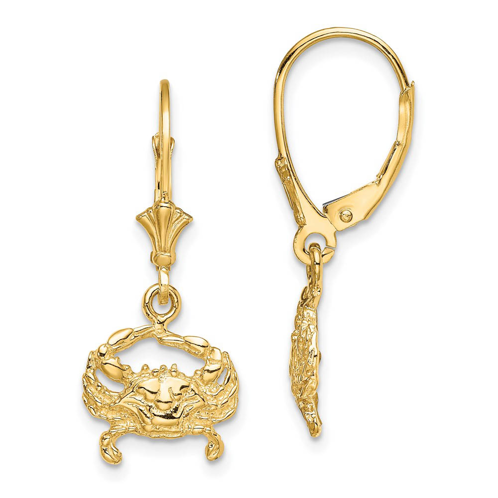 Blue Crab Lever Back Earrings in 14k Yellow Gold