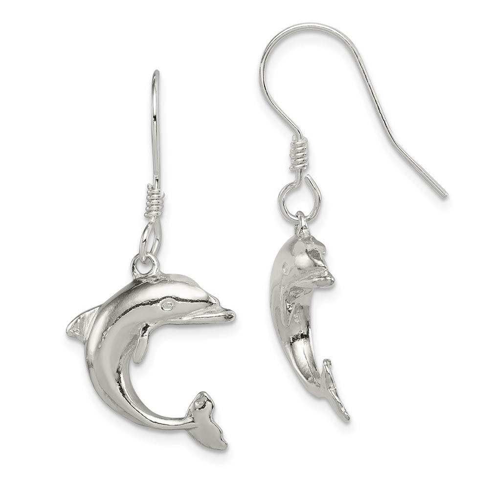 Polished Dolphin Dangle Earrings in Sterling Silver