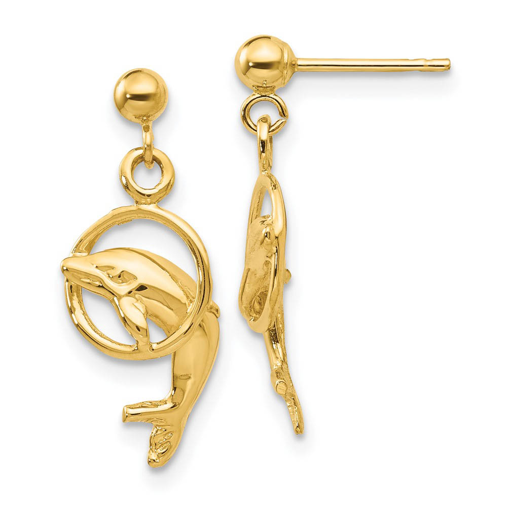 Dolphin & Hoop Dangle Post Earrings in 14k Yellow Gold