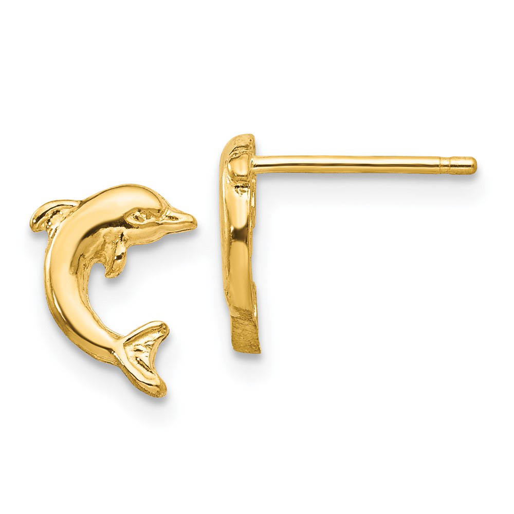 2D Jumping Dolphin Post Earrings in 14k Yellow Gold
