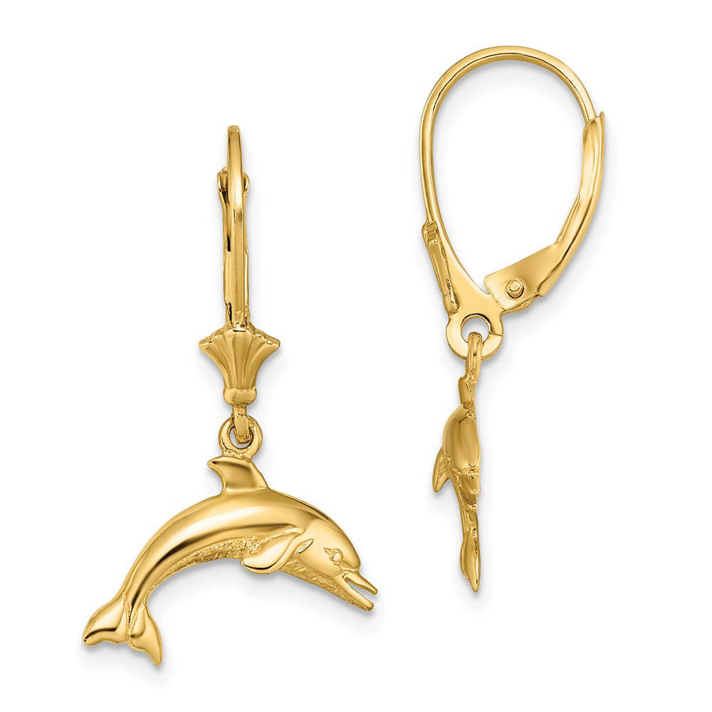 16mm Polished Dolphin Lever Back Earrings in 14k Yellow Gold