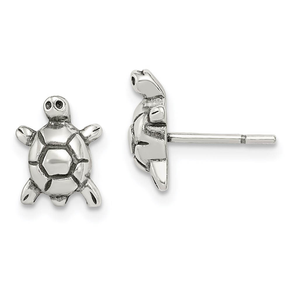 Kids Antiqued Turtle Post Earrings in Sterling Silver