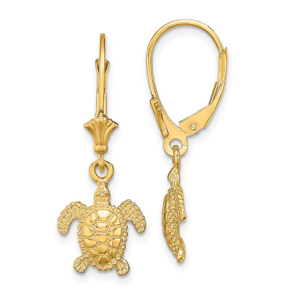 11mm Textured Sea Turtle Lever Back Earrings in 14k Yellow Gold