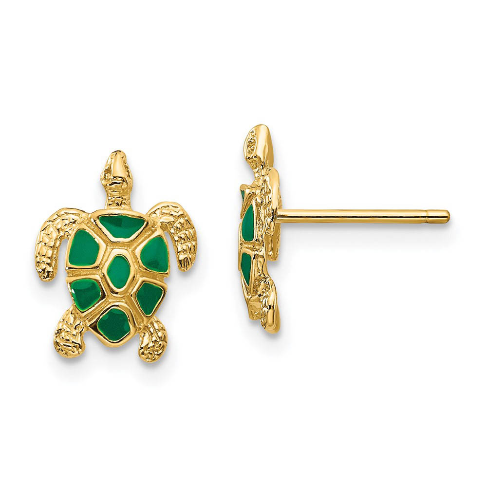 Green Enameled Sea Turtle Post Earrings in 14k Yellow Gold