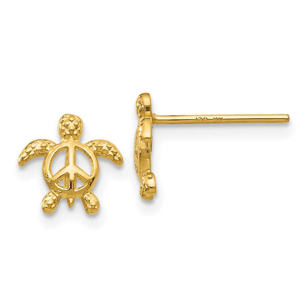 Kids 8mm Open Peace Sign Turtle Post Earrings in 14k Yellow Gold