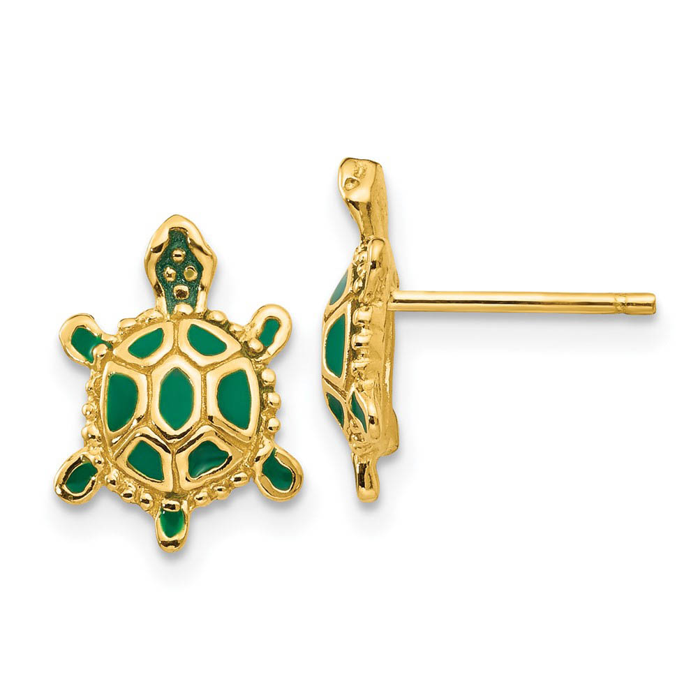 Green Enameled Turtle Post Earrings in 14k Yellow Gold