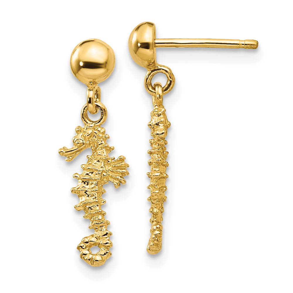Mini Textured Seahorse Dangle Post Earrings in 14k Yellow Gold
