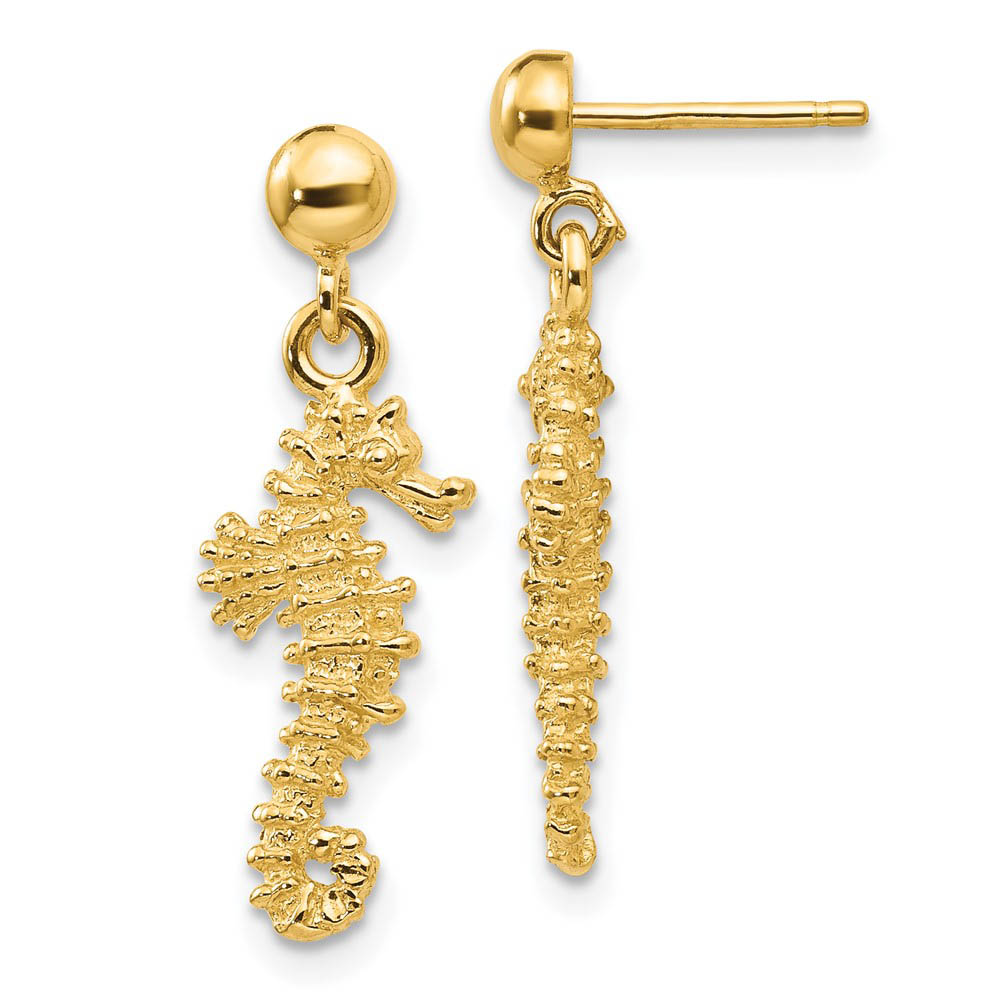 Textured Seahorse Dangle Post Earrings in 14k Yellow Gold