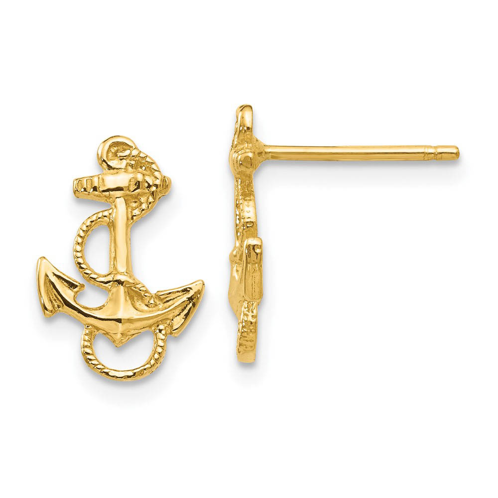 Petite Anchor with Rope Post Earrings in 14k Yellow Gold