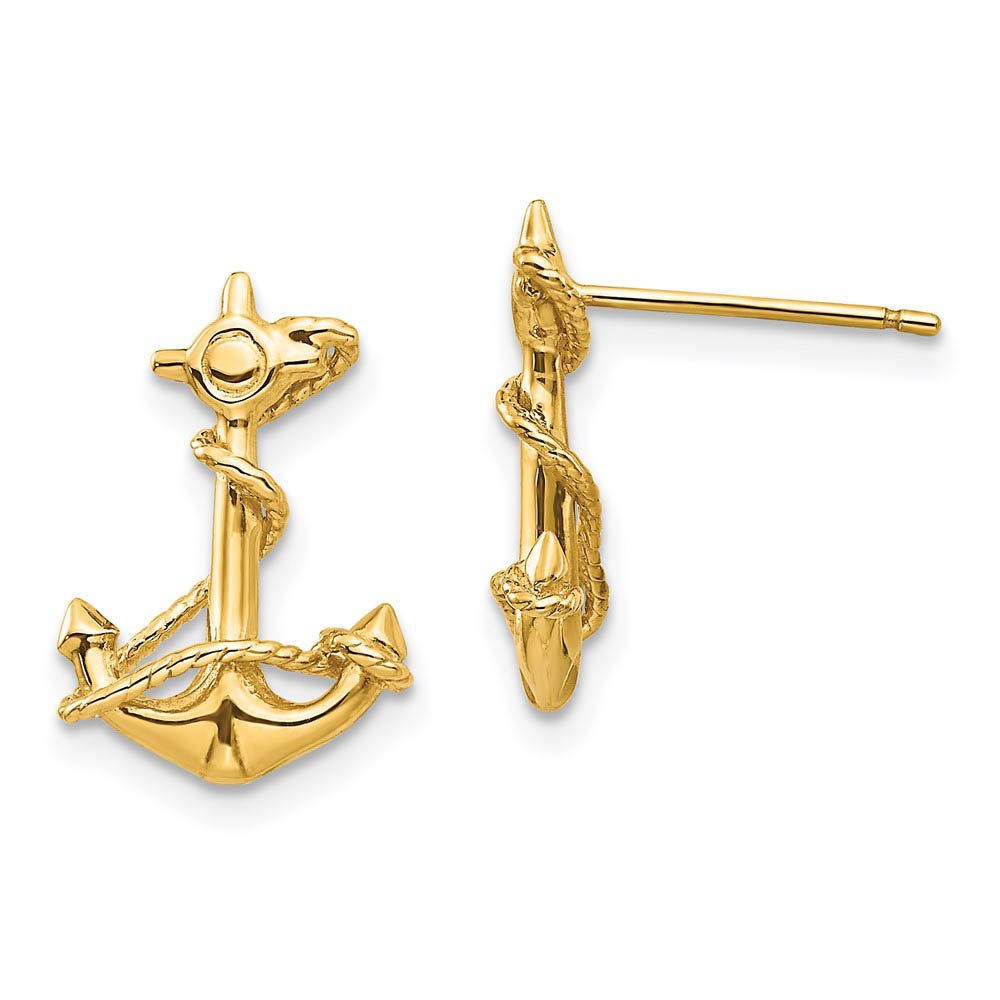 15mm 3D Anchor with Rope Post Earrings in 14k Yellow Gold