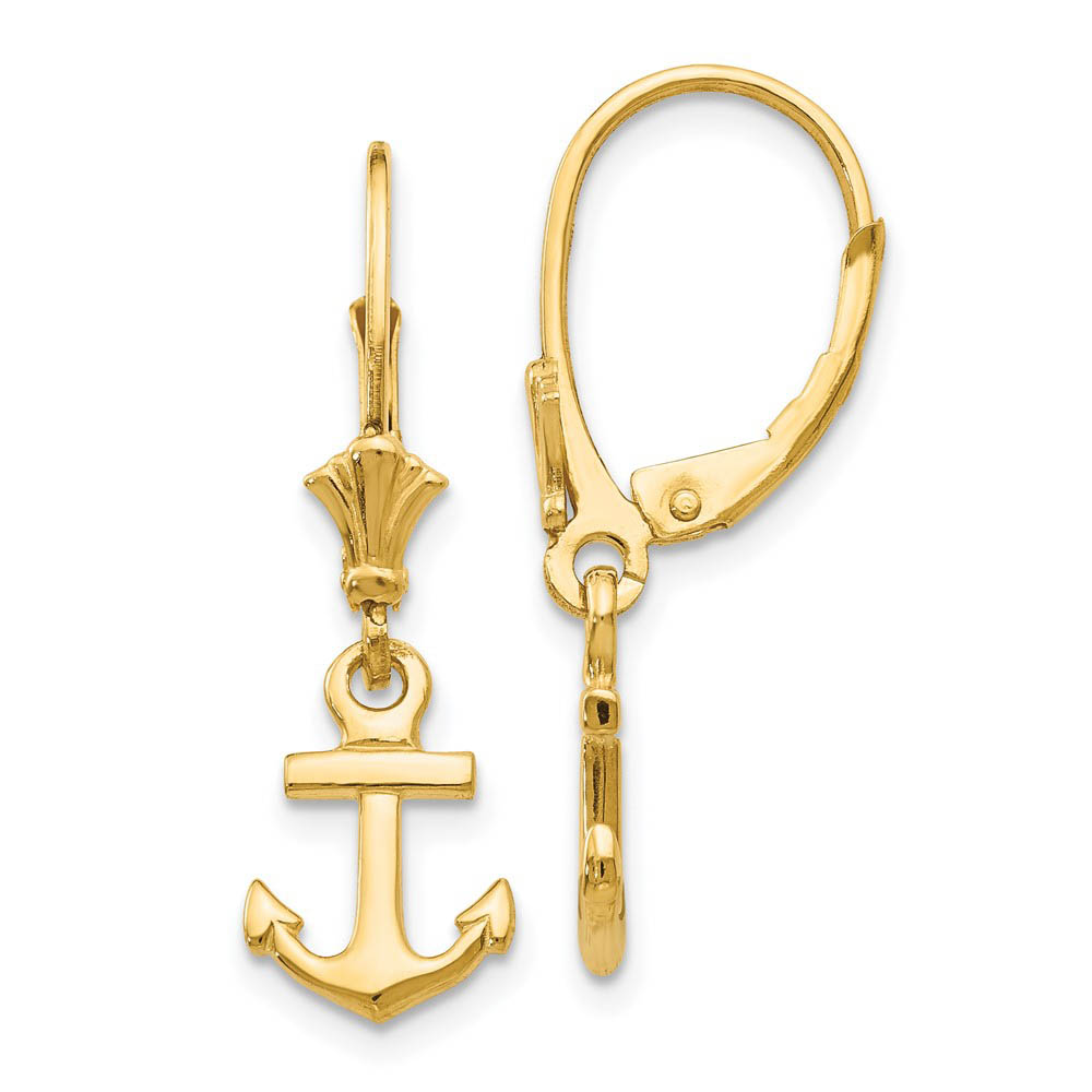 Petite Polished Anchor Lever Back Earrings in 14k Yellow Gold