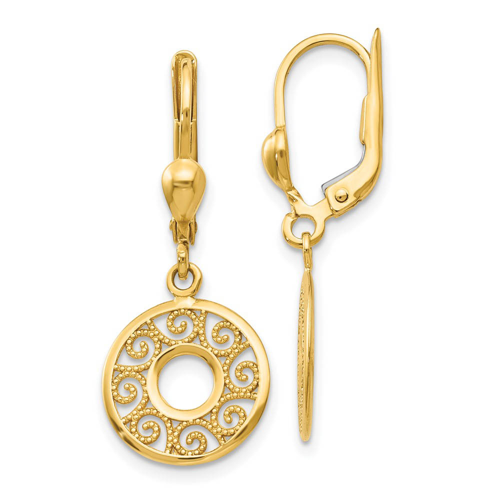 12mm Filigree Circle Lever Back Earrings in 14k Yellow Gold