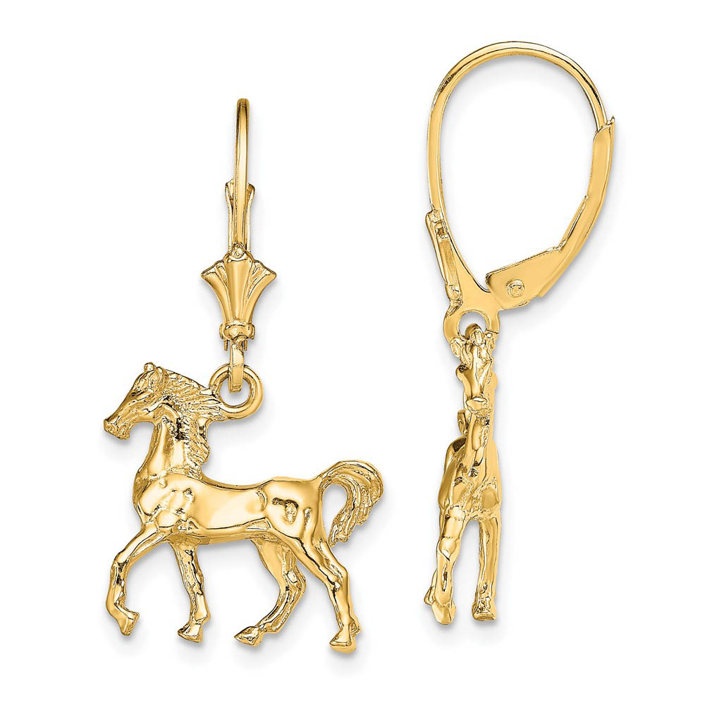 Polished 3D Horse Lever Back Earrings in 14k Yellow Gold