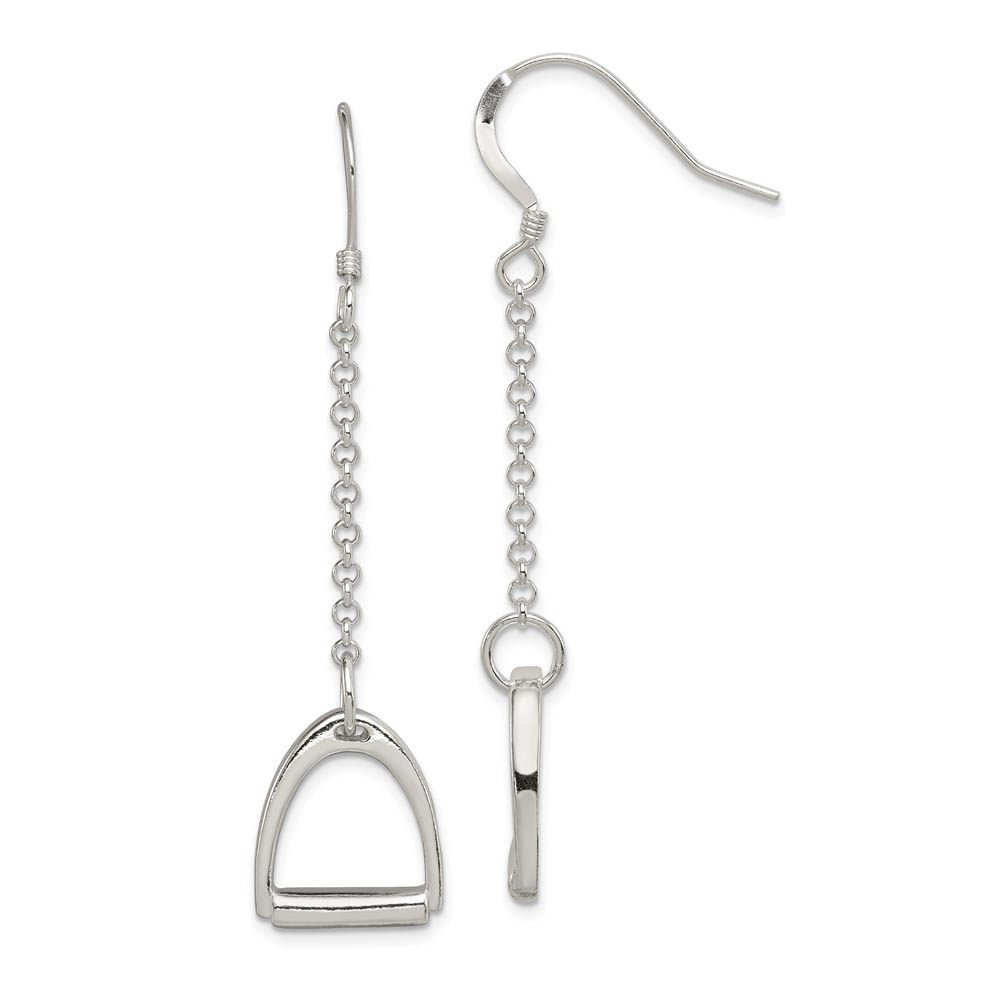 Polished Saddle Stirrup Chain Dangle Earrings in Sterling Silver