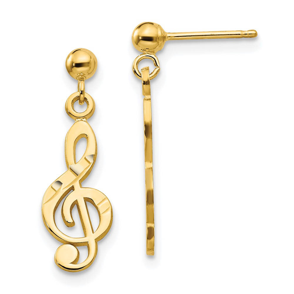 Satin and Polished Treble Clef Dangle Post Earrings in 14k Yellow Gold