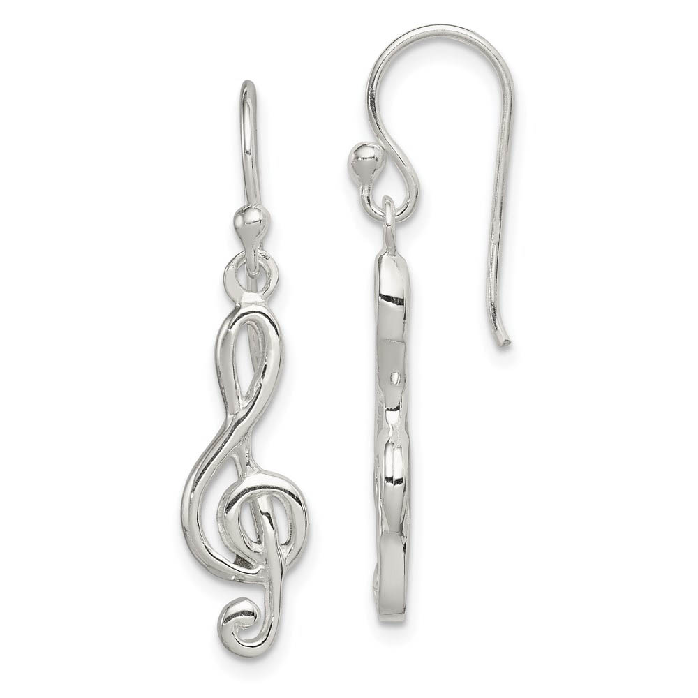 Polished Treble Clef Dangle Earrings in Sterling Silver