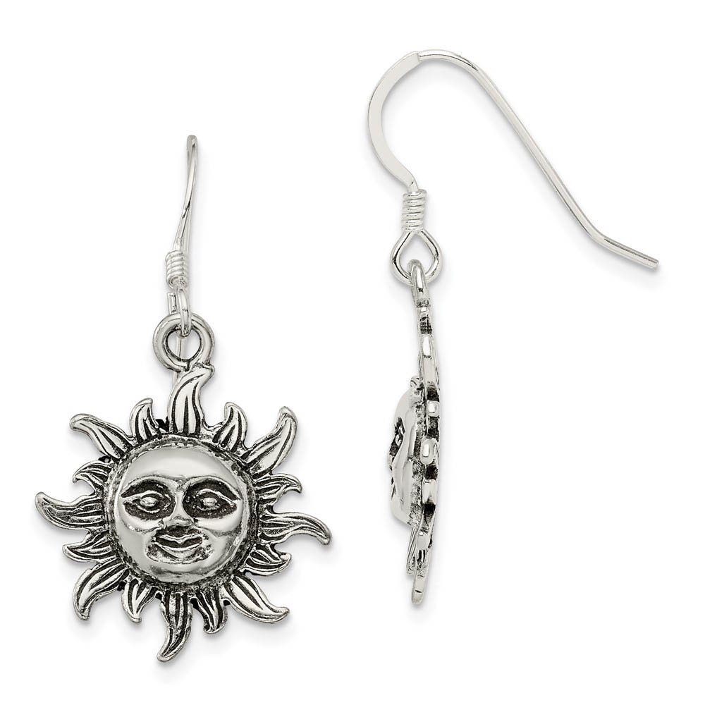 17mm Antiqued Sun Dangle Earrings in Sterling Silver