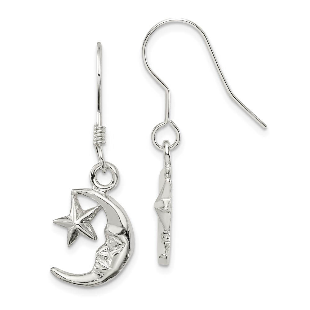 Polished Crescent Moon and Star Dangle Earrings in Sterling Silver