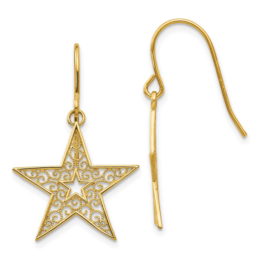 18mm Filigree Star Dangle Earrings in 14k Yellow Gold