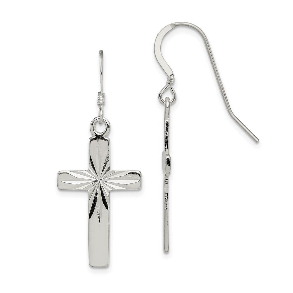 Polished & Diamond Cut Latin Cross Dangle Earrings in Sterling Silver