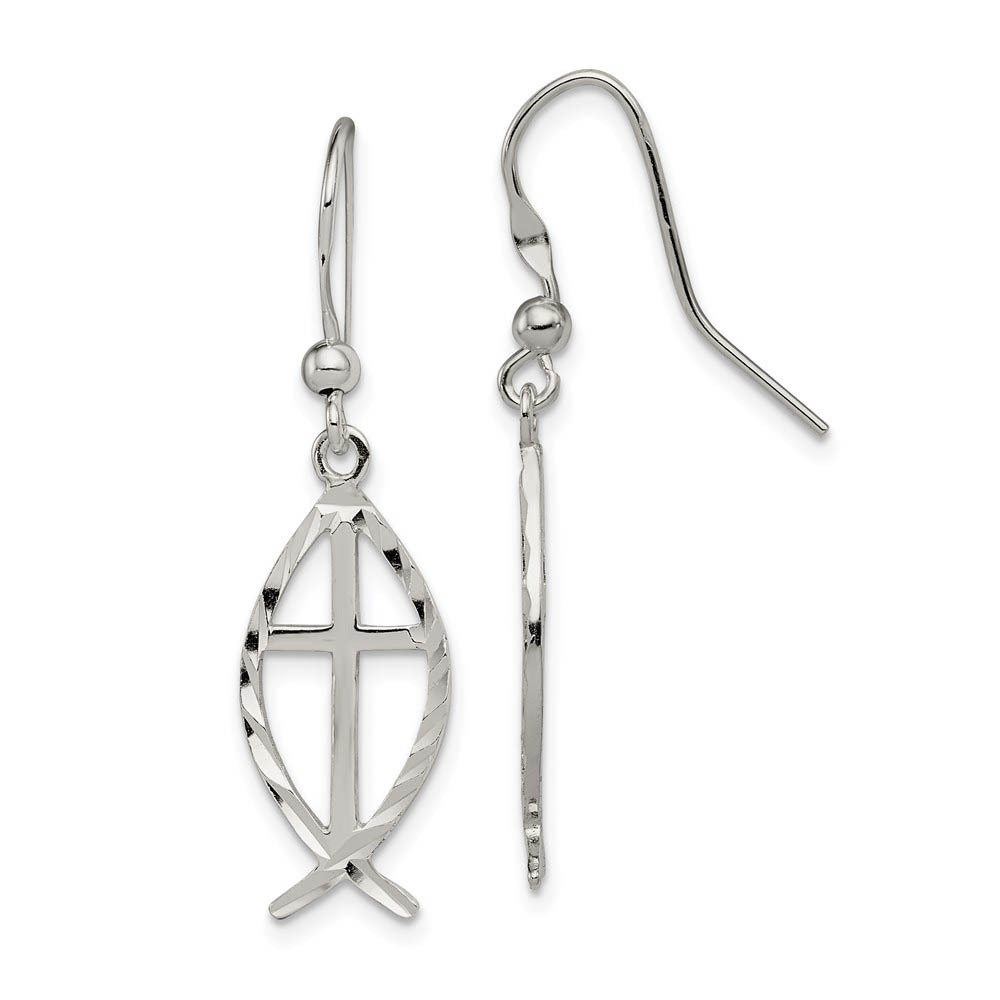 Diamond Cut Ichthus Cross Dangle Earrings in Sterling Silver