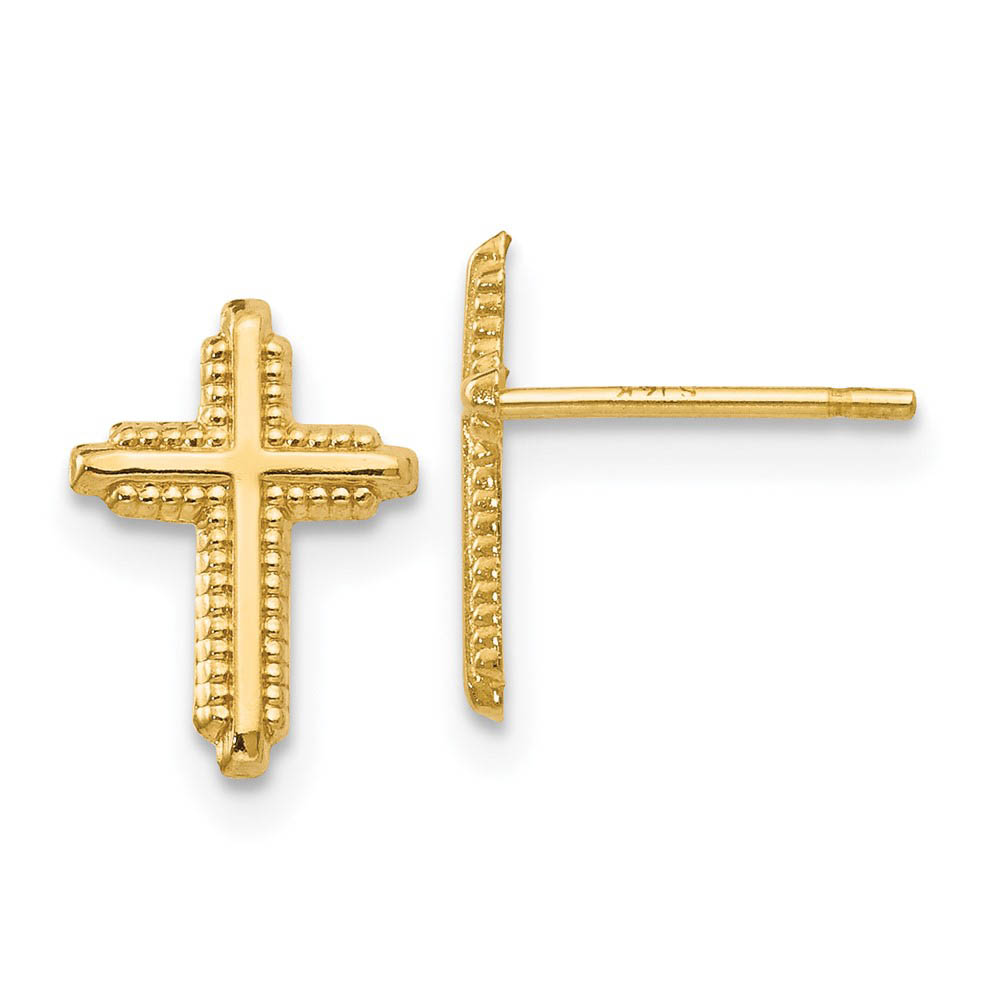 Kids 10mm Textured Cross Post Earrings in 14k Yellow Gold