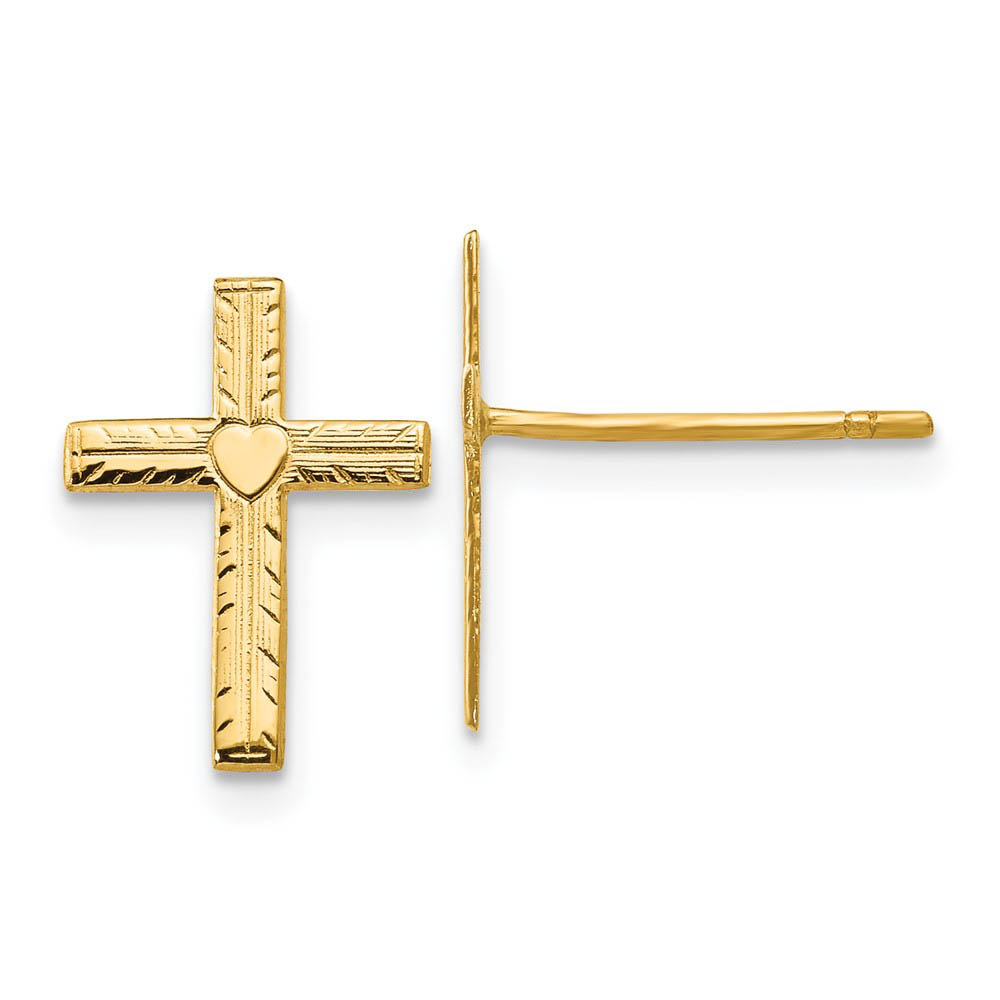 13mm Polished and Satin Heart Cross Post Earrings in 14k Yellow Gold