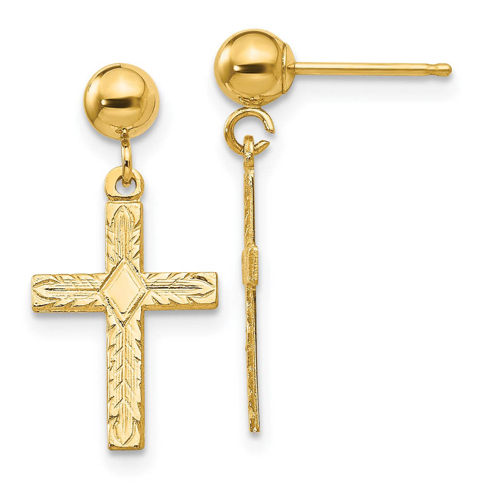 13mm Textured Cross Dangle Post Earrings in 14k Yellow Gold