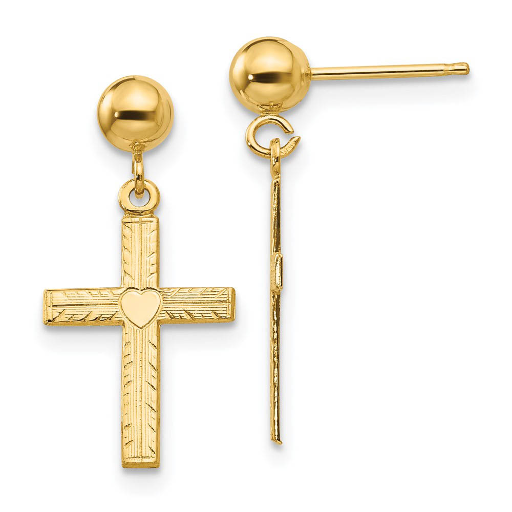13mm Heart Cross Dangle Post Earrings in 14k Yellow Gold
