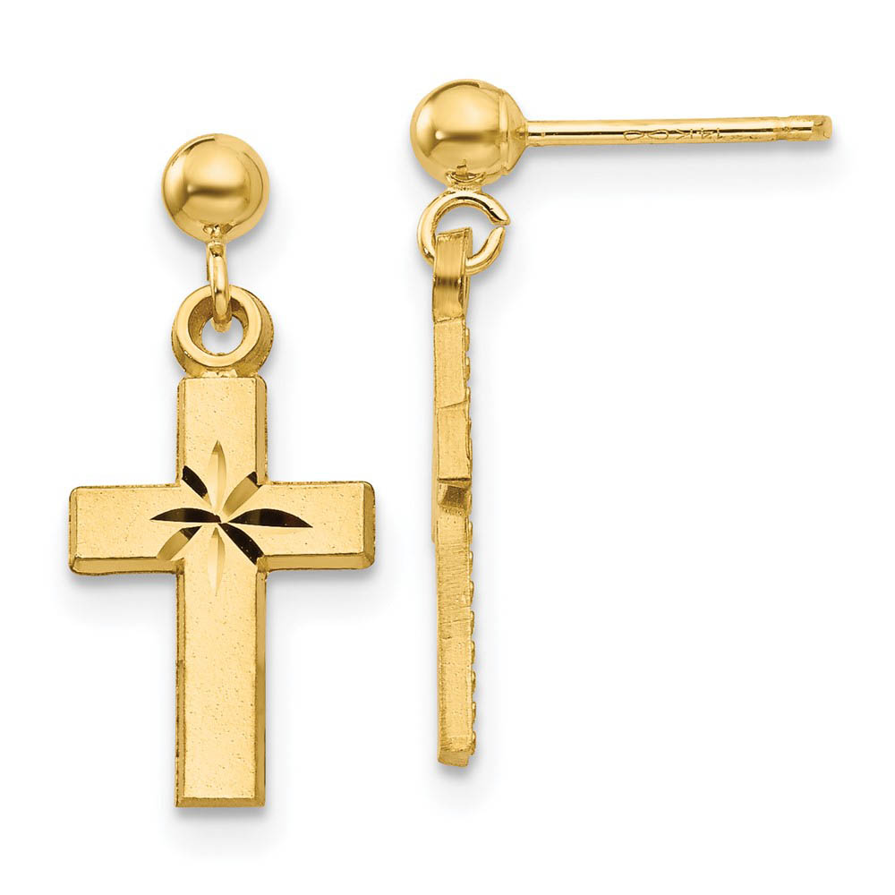 Satin and Diamond Cut Cross Dangle Post Earrings in 14k Gold