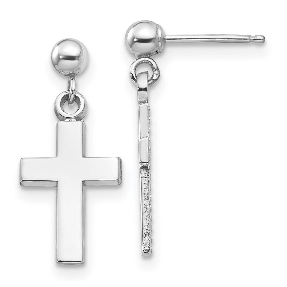 Polished Latin Cross Dangle Post Earrings in 14k White Gold