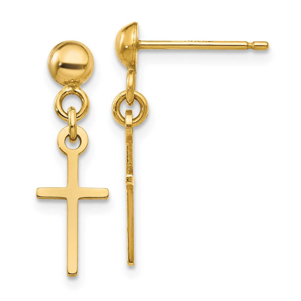 Polished Latin Cross Dangle Post Earrings in 14k Yellow Gold
