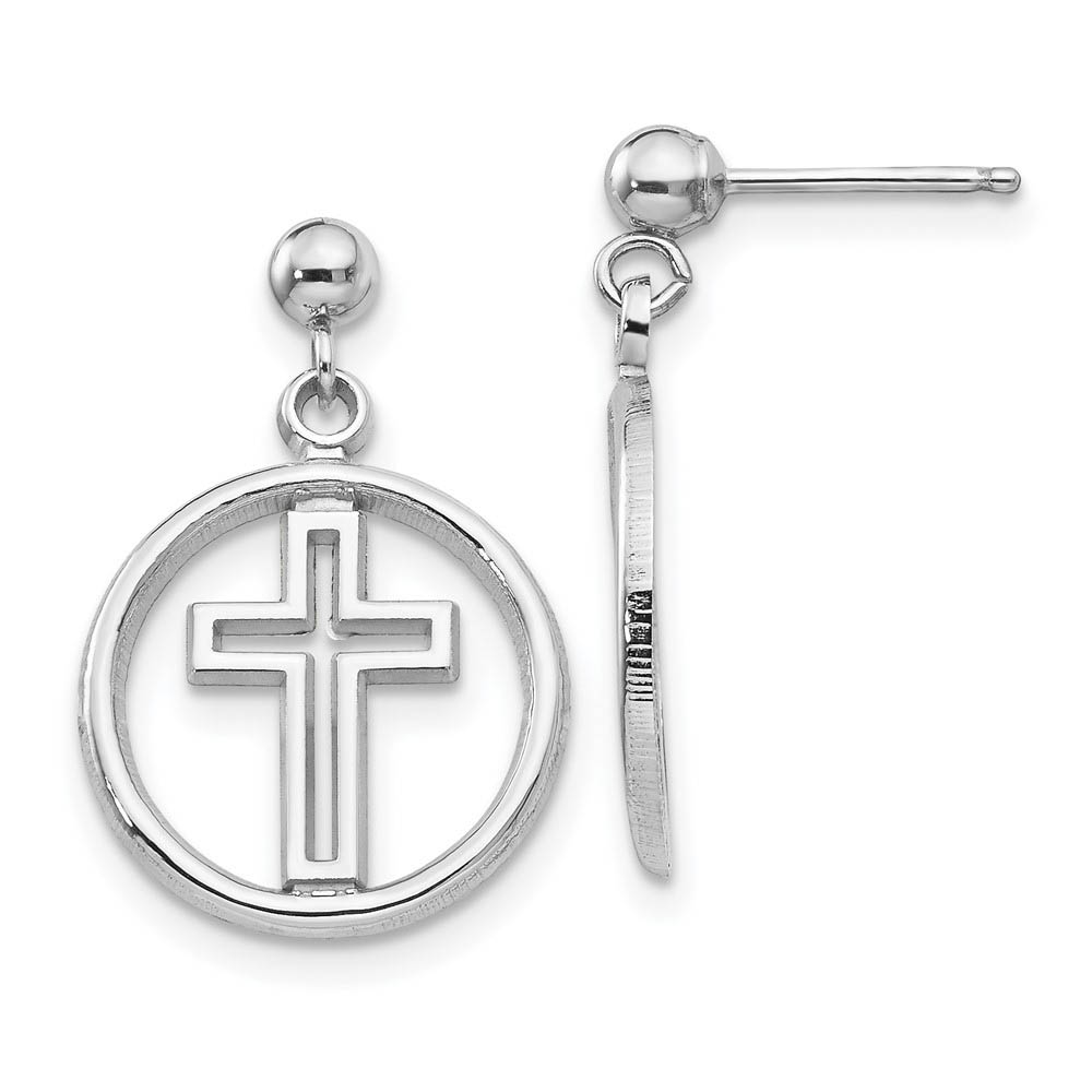 12mm Eternal Life Cross Dangle Post Earrings in 14k White Gold