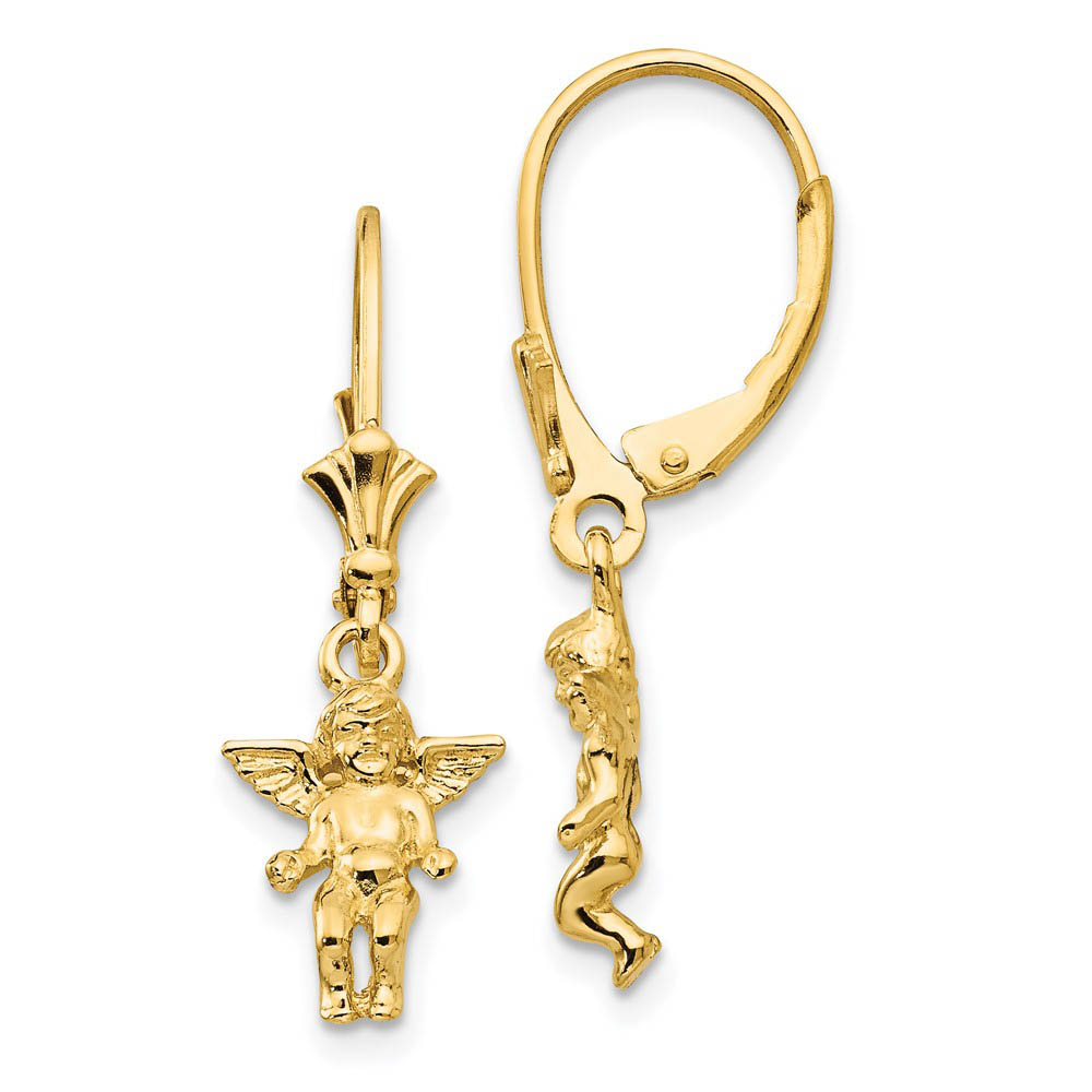3D Mini Guardian Angel Lever Back Earrings in 14k Yellow Gold