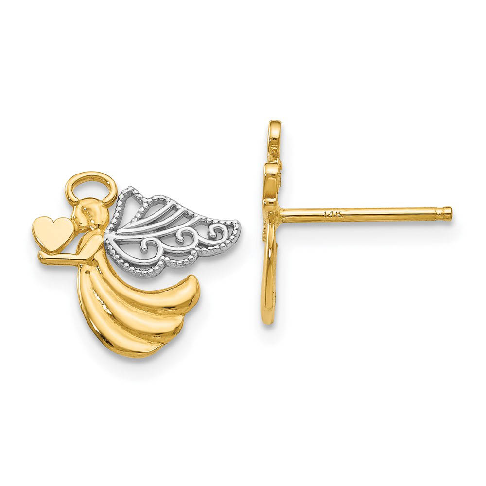 11mm Angel with Heart Post Earrings in 14k Yellow Gold