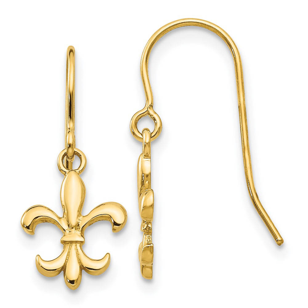 Polished Fleur De Lis Dangle Earrings in 14k Yellow Gold