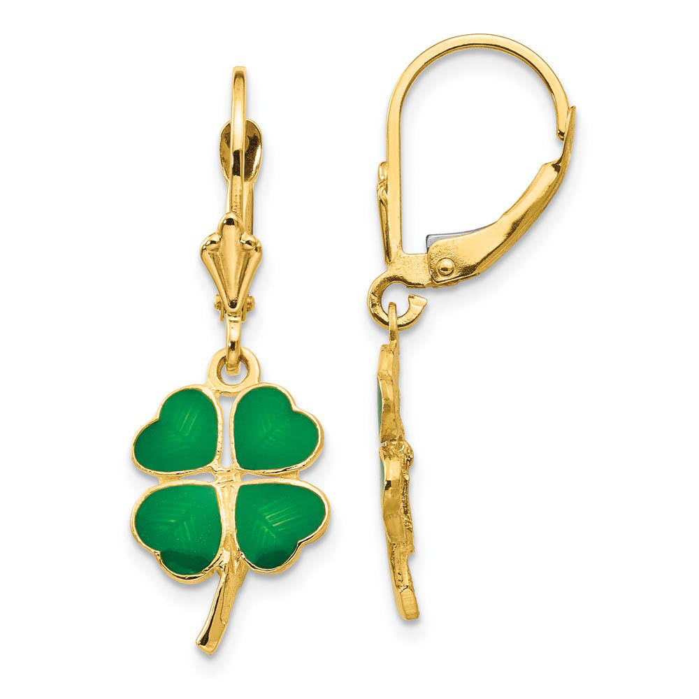 Green 4-Leaf Clover Lever Back Earrings in 14k Yellow Gold and Enamel