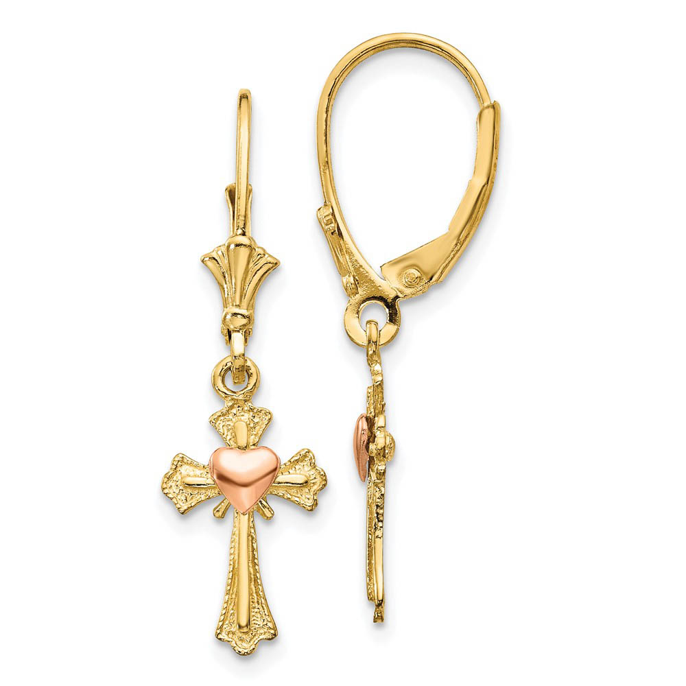 14mm Heart on Cross Lever Back Earrings in 14k Yellow and Rose Gold