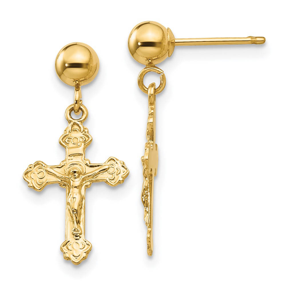 Polished Crucifix Dangle Post Earrings in 14k Yellow Gold
