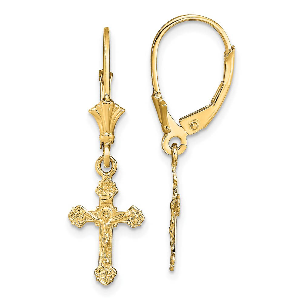 Polished Crucifix Lever Back Earrings in 14k Yellow Gold