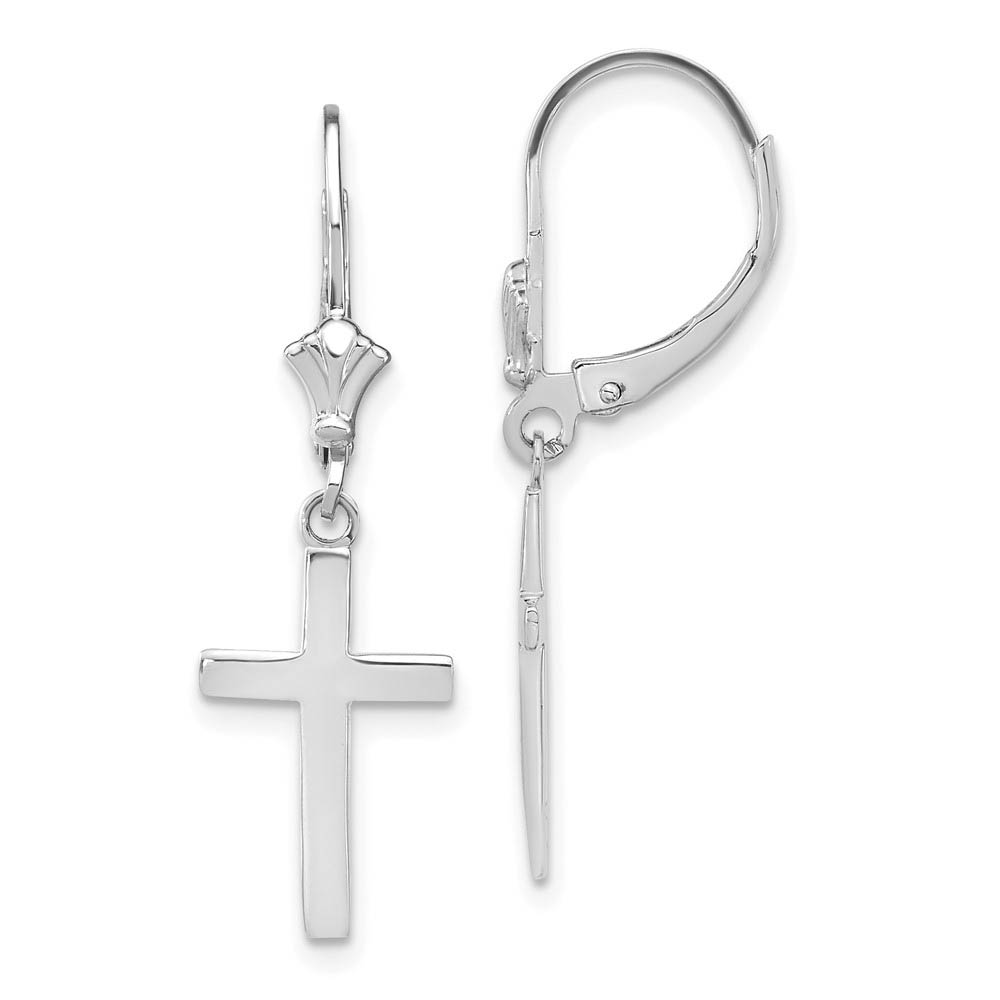 Polished Hollow Cross Lever Back Earrings in 14k White Gold