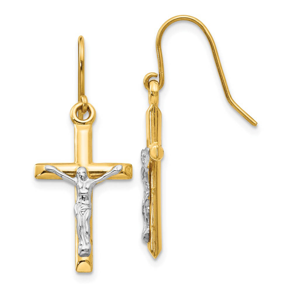 3D Hollow Crucifix Dangle Earrings in 14k Two Tone Gold