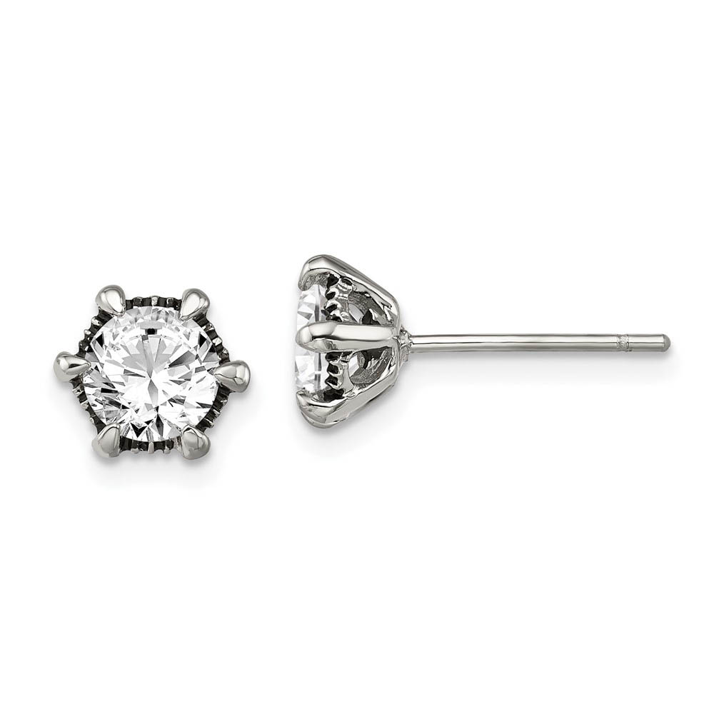 7mm Antiqued Cubic Zirconia Post Earrings in Stainless Steel