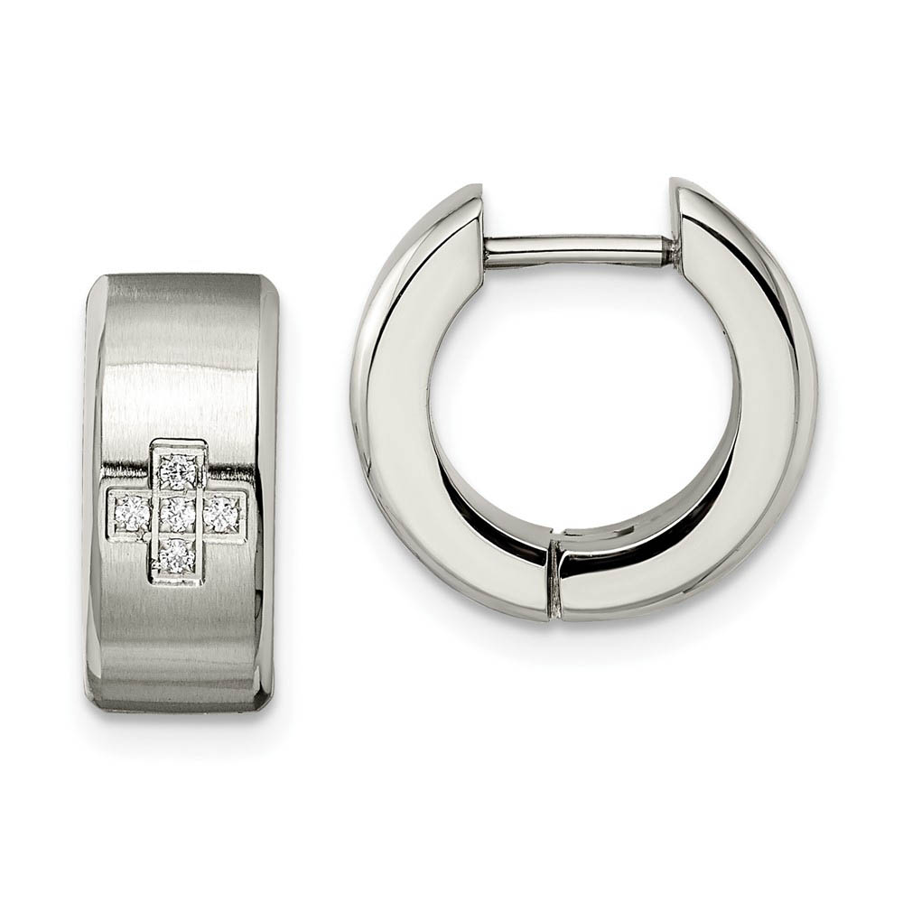 Stainless Steel CZ Cross Hinged Round Hoop Earrings, 6 x 12mm