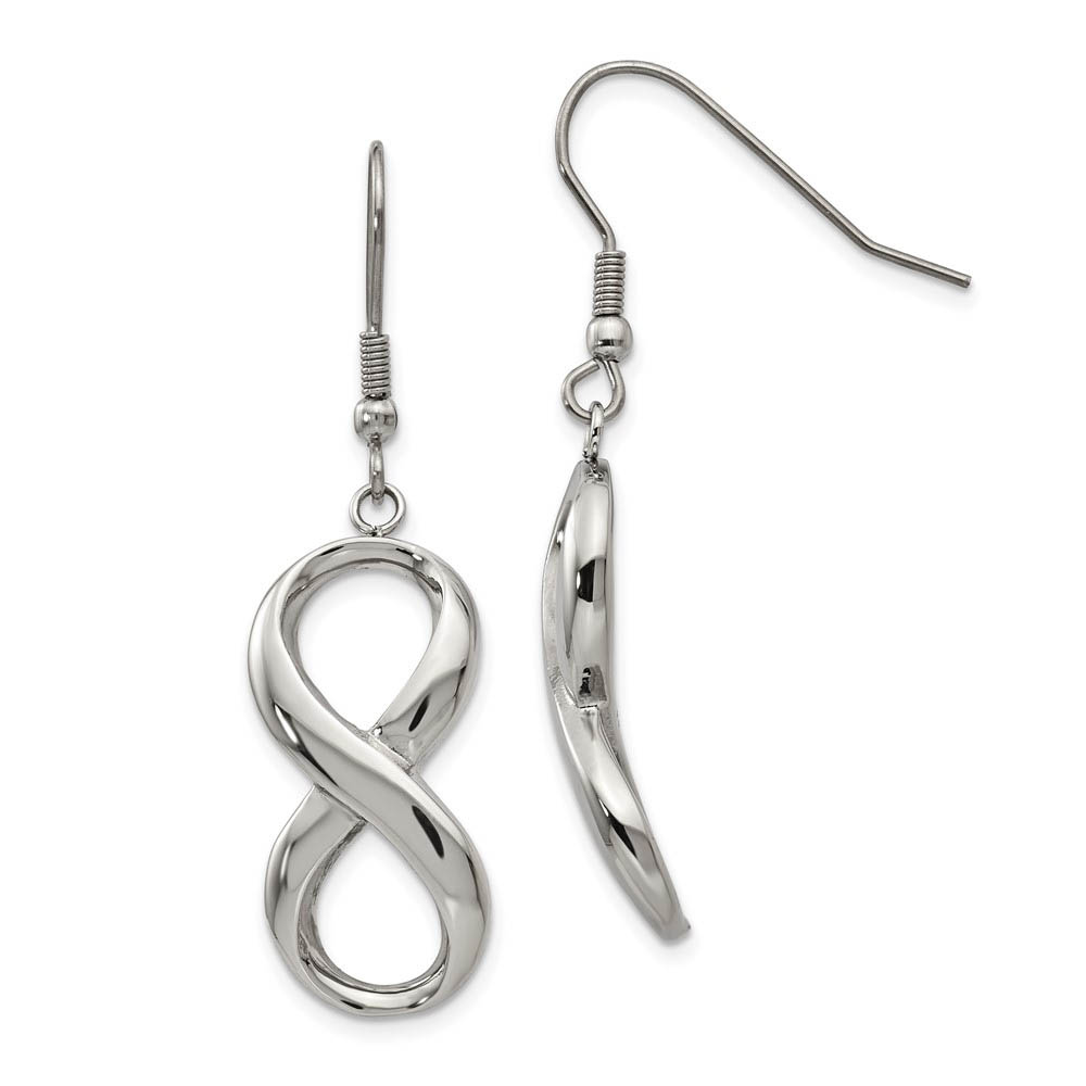 Polished Infinity Symbol Dangle Earrings in Stainless Steel