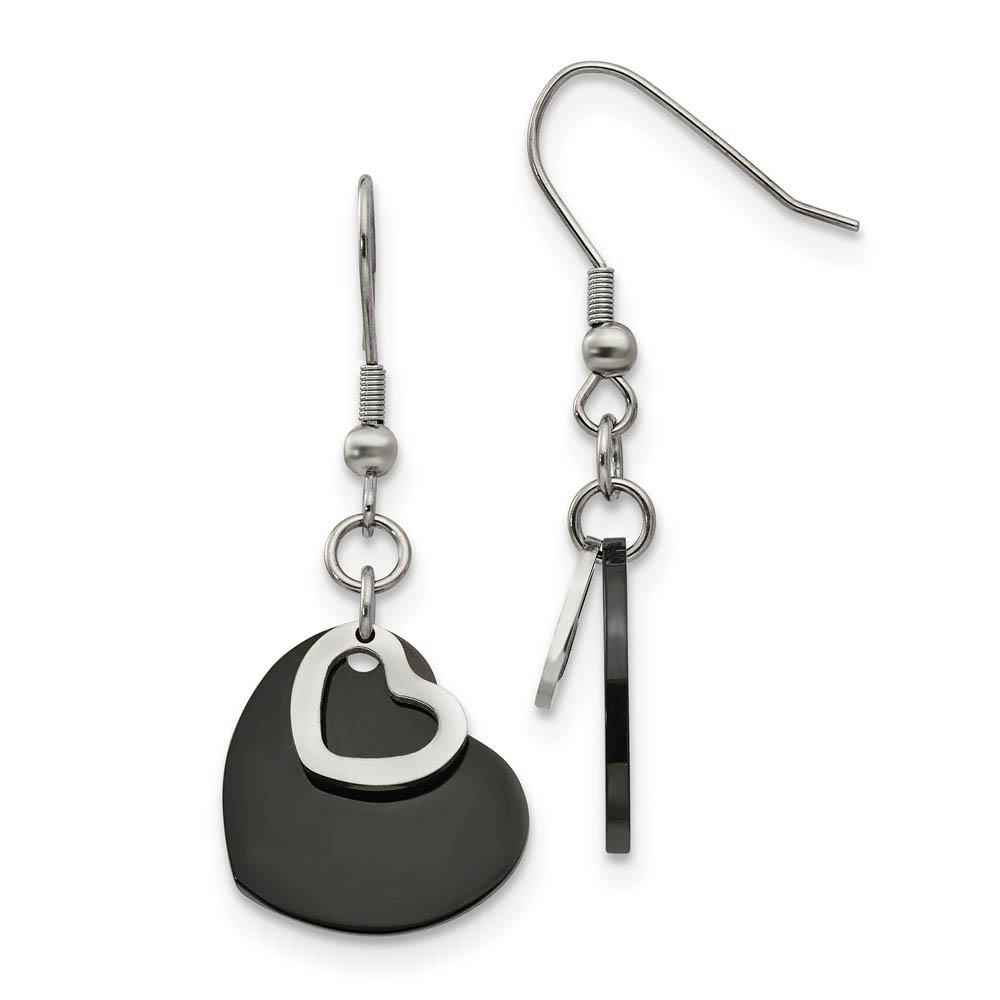 19mm Black Plated Double Heart Dangle Earrings in Stainless Steel