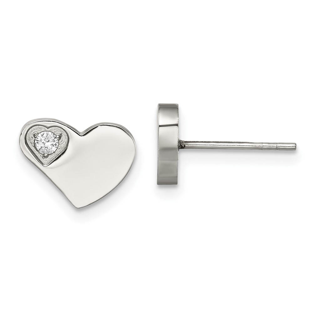 10mm Asymmetrical CZ Heart Post Earrings in Stainless Steel